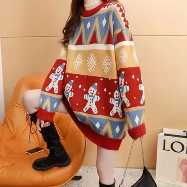 2025 Autumn Winter New Loose Oversized Sweater Women Christmas Snowflake Knitted Longline Thickened Pullover 0