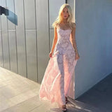 2025 Summer French Style Female Pink Wedding Dress See Through Sexy Strapless Women's Dobby Lace Dress Lady Mesh Party Dresses 1