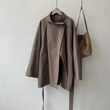 2025 Women Autumn Khaki Trench Coat Stand Collar Women Loose Style Coat With Belt Casaco Feminino New Trench Femme 6