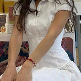 White Vintage Slim Waist V Neck Short Sleeve Shirt 4