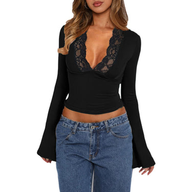 Women's Feminine Long-sleeved top with lace — Black