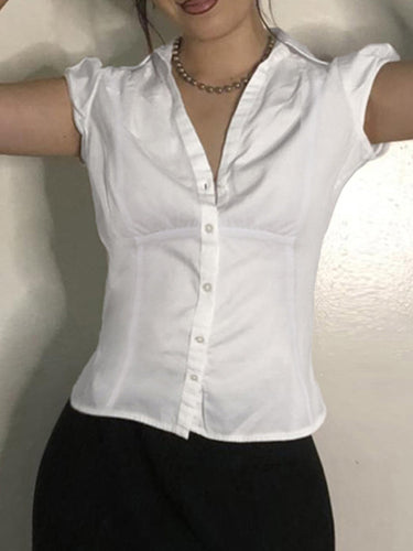 White Vintage Slim Waist V Neck Short Sleeve Shirt 2