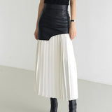 Asymmetric Patchwork Faux Leather Chiffon Pleated Maxi Skirt 0