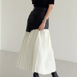 Asymmetric Patchwork Faux Leather Chiffon Pleated Maxi Skirt 1