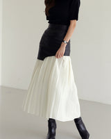 Asymmetric Patchwork Faux Leather Chiffon Pleated Maxi Skirt 1