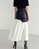 Asymmetric Patchwork Faux Leather Chiffon Pleated Maxi Skirt 2