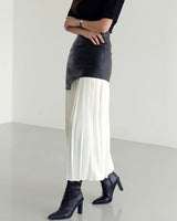 Asymmetric Patchwork Faux Leather Chiffon Pleated Maxi Skirt 3