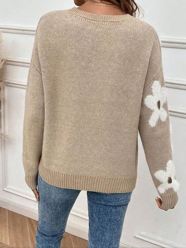 Autumn and winter women's round neck contrasting flower jacquard loose casual woolen pullover top 1