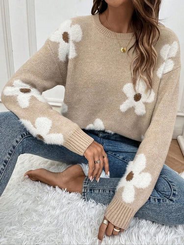 Autumn and winter women's round neck contrasting flower jacquard loose casual woolen pullover top 2