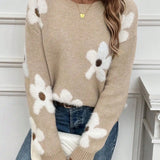 Autumn and winter women's round neck contrasting flower jacquard loose casual woolen pullover top 3