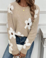 Autumn and winter women's round neck contrasting flower jacquard loose casual woolen pullover top 3