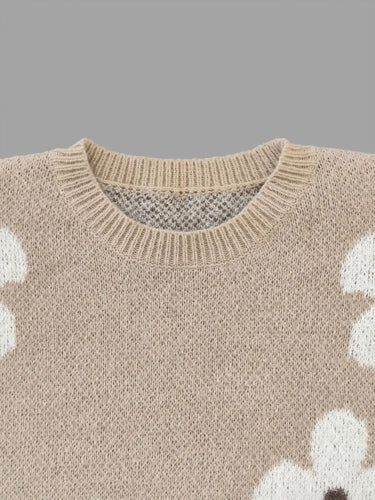 Autumn and winter women's round neck contrasting flower jacquard loose casual woolen pullover top 5