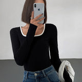 Sliver Lining Contrast Neckline Long Sleeve Top 4