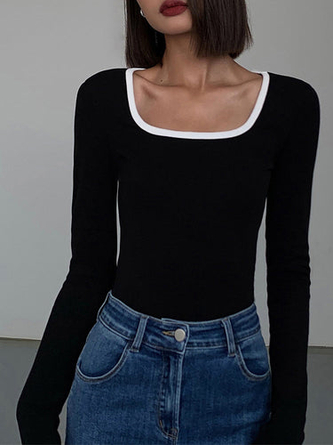 Sliver Lining Contrast Neckline Long Sleeve Top 1