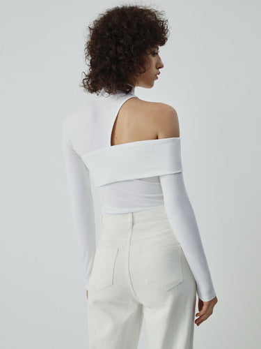 Mock Neck Oblique Cutout Rib Long Sleeve Knit Top 3