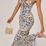 Floral Print Knotted Irregular Hem Long Dress-1