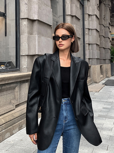 Lapel Pockets Leather Blazer 6