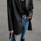Lapel Pockets Leather Blazer 2