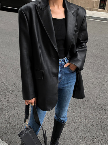 Lapel Pockets Leather Blazer 2