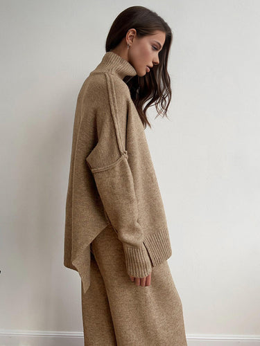 Plain Turtleneck Knit Pants Set 5
