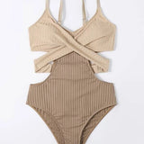 Beige Swimsuit with Crossed Waistband for Stylish Comfort 1