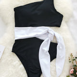Bicolor One-Shoulder Swimsuit with Bow Detail 4