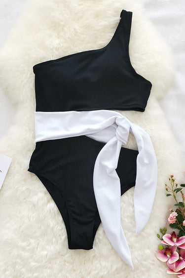 Bicolor One-Shoulder Swimsuit with Bow Detail 4