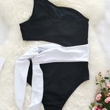 Bicolor One-Shoulder Swimsuit with Bow Detail 5