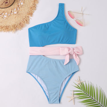 Bicolor One-Shoulder Swimsuit with Bow Detail 8