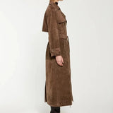 Black Maxi Trench Coat for Women in Vegan Suede – Vintage-Inspired Autumn and Winter Outerwear with Belt 1