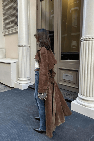 Black Maxi Trench Coat for Women in Vegan Suede – Vintage-Inspired Autumn and Winter Outerwear with Belt 6
