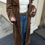 Black Maxi Trench Coat for Women in Vegan Suede – Vintage-Inspired Autumn and Winter Outerwear with Belt 7