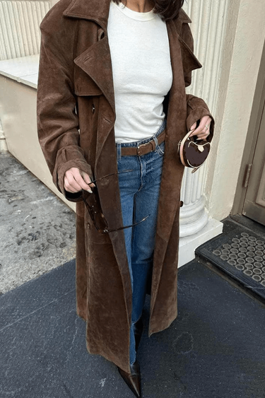 Black Maxi Trench Coat for Women in Vegan Suede – Vintage-Inspired Autumn and Winter Outerwear with Belt 7