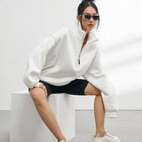 Casual Women's Half Zip Hoodie - Oversized Long Sleeve Pullover Sweatshirt in Solid Color 2
