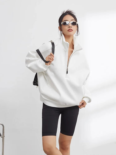 Casual Women's Half Zip Hoodie - Oversized Long Sleeve Pullover Sweatshirt in Solid Color 4