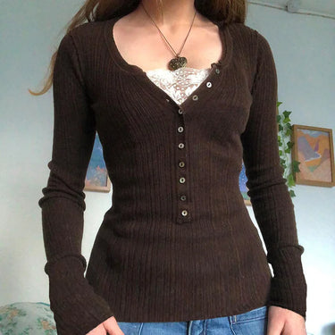 Cotteage Y2K Grunge Knitwear T-shirt Jumpers Vintage Brown Knitted Sweater Tees Women Lace Trim V-neck Full Sleeve Pullovers Top 1