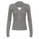 Cotteage Y2K Grunge Knitwear T-shirt Jumpers Vintage Brown Knitted Sweater Tees Women Lace Trim V-neck Full Sleeve Pullovers Top 6