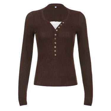 Cotteage Y2K Grunge Knitwear T-shirt Jumpers Vintage Brown Knitted Sweater Tees Women Lace Trim V-neck Full Sleeve Pullovers Top 8