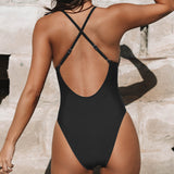 Crossed Strap Plain Swimsuit for Comfortable Swimming 1