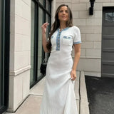 Elegant Contrasting Women Knit Maxi Dress Chic O-neck Short Sleeve Metal Buttons Bodycon Dresses 2024 Office Lady Commuting Robe 1
