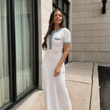 Elegant Contrasting Women Knit Maxi Dress Chic O-neck Short Sleeve Metal Buttons Bodycon Dresses 2024 Office Lady Commuting Robe 3