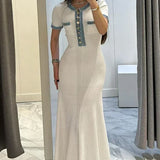 Elegant Contrasting Women Knit Maxi Dress Chic O-neck Short Sleeve Metal Buttons Bodycon Dresses 2024 Office Lady Commuting Robe 5