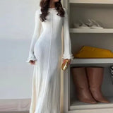 Elegant Contrasting Women Knit Maxi Dress Chic O-neck Short Sleeve Metal Buttons Bodycon Dresses 2024 Office Lady Commuting Robe 6