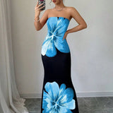 Fashion Milk Silk Fabric Floral Print Sexy Long Dresses Elegant Backless Bodycon High Waist Midi Dress 2025 Summer Vacation Boho 0