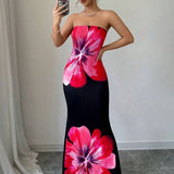 Fashion Milk Silk Fabric Floral Print Sexy Long Dresses Elegant Backless Bodycon High Waist Midi Dress 2025 Summer Vacation Boho 1