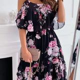 Floral Chiffon Mini Dress – Off-Shoulder Summer Style for Wedding Guests 5
