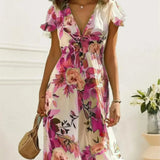 Floral Print Midi Dress – Chic Lace-Up Deep V Neck Summer Style 0