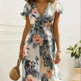 Floral Print Midi Dress – Chic Lace-Up Deep V Neck Summer Style 4
