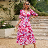 Flowing midi dress with floral print – teal, V-neck & puff sleeves 1