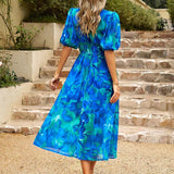 Flowing midi dress with floral print – teal, V-neck & puff sleeves 2